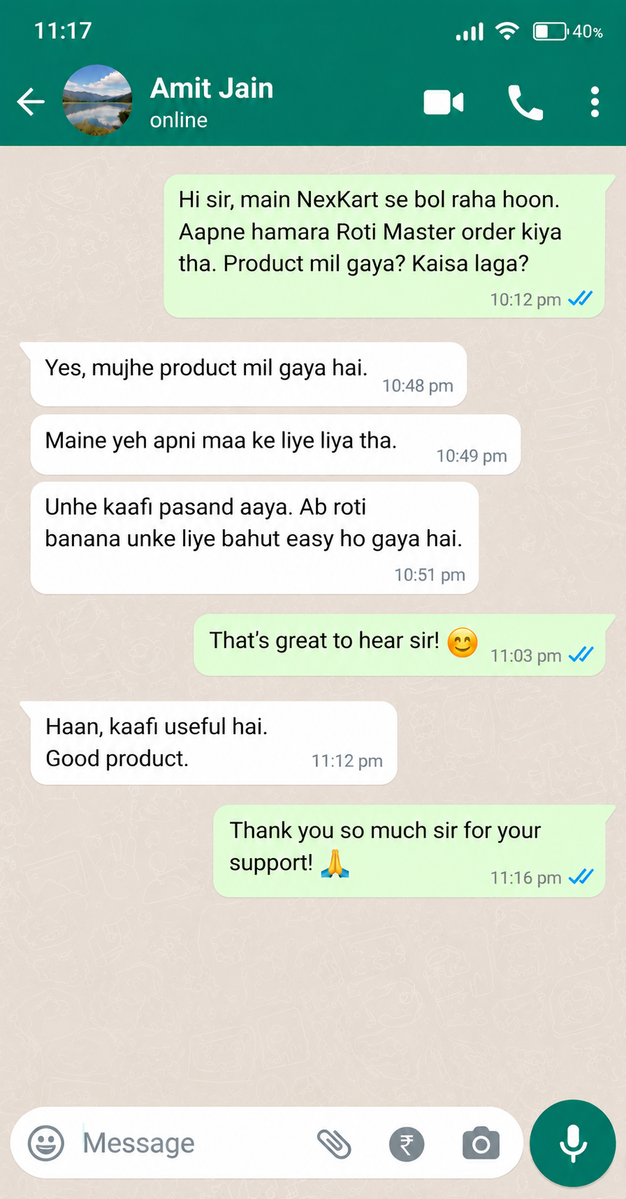 Customer WhatsApp message screenshot